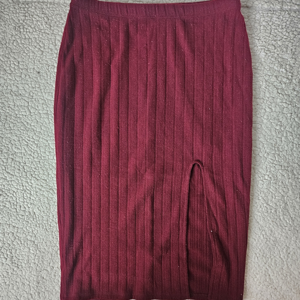 Matching Set: Crop Wrap-Around Long-Sleeve Top and Ribbed Pencil Skirt With Slit